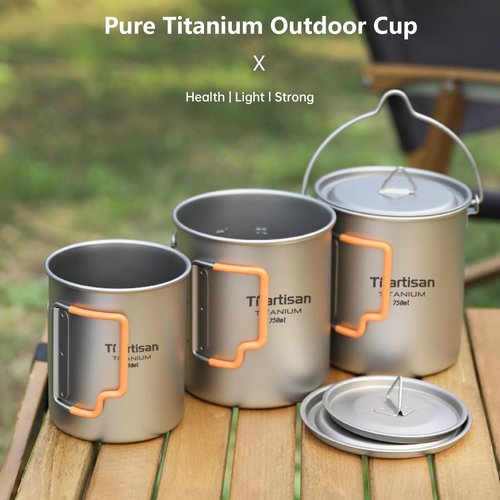 Ti artisan Titanium Cup Camping Pot Ultralight Coffee Mug 450ML/750ML Water Cup with Foldable Handles and Lid For Outdoor Camping Hiking Backpacking (450ML)