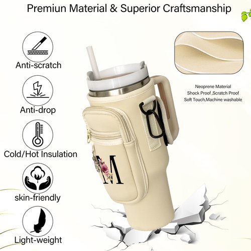 BERITNI Water Bottle Holder with Adjustable Strap Compatible for Stanley 40oz Tumbler with Handle, Initial M Water Bottle Carrier Bag with Phone Pocket for Stanley Cup Accessories
