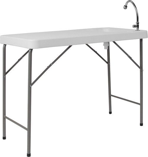 Flash Furniture Wesley 4' Portable Fish Cleaning Table with Sink, Outdoor Portable Folding Camping Sink Table with Faucet, and Hose Attachment, White