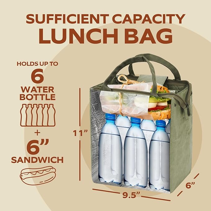 VonNova Insulated Lunch Box for Women, 7L Capacity, Leakproof Lunch Tote Bag, Durable Lunchbox made from Tyvek Material, Adult Cooler Bag for Work, Picnic, Travel and more (Olive Green)