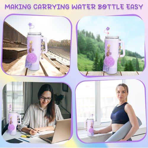 XLSXEXCL 14 Pcs Purple Cup Accessories Set for Stany,Including Water Bottle Handle Strap,Spill Stopper,Silicone Boot,Chapstick Holder,Charms for Stany,3 Pcs Silicone Straw Cover for Stany Cup