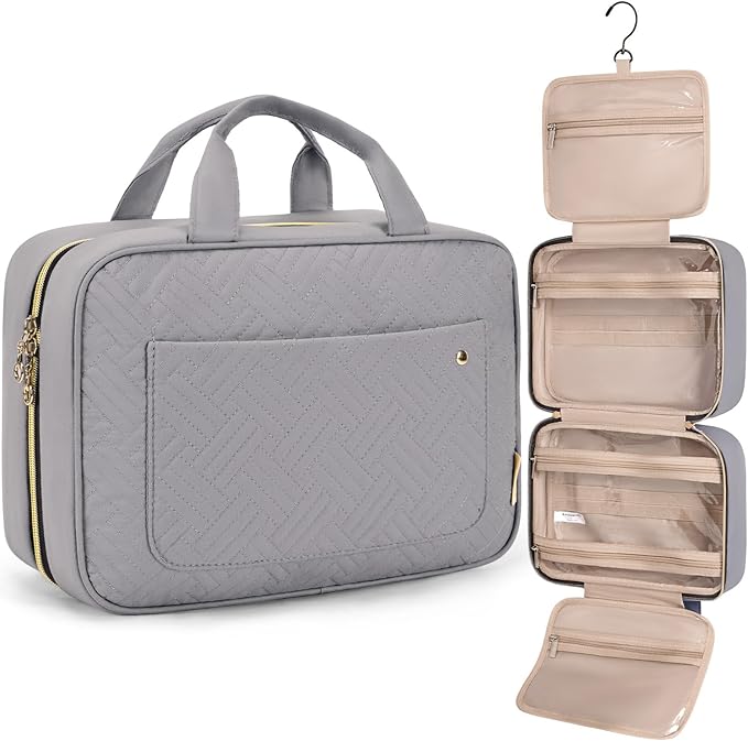 BAGSMART Toiletry Bag Travel Bag with Hanging Hook, Water-resistant Makeup Cosmetic Bag Travel Organizer for Accessories, Shampoo, Full Sized Container, Toiletries Grey, Large