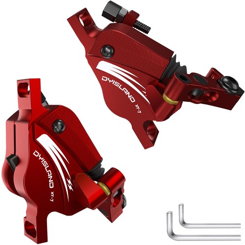 DYISLAND XT-7 Hydraulic Disc Brakes Calipers,Line Pulling/Cable Actuated Front & Rear Brake Calipers for MTB/Mountain/Road Bike/E-Bike.(Red-Brakes)