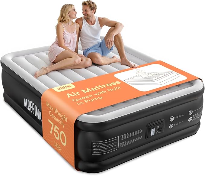 Airefina Air Mattress Queen with Built in Pump, 18 Raised Blow Up Mattress Upgraded Comfort Inflatable Mattress for Guest Home, with Portable Carrying Bag Air Bed Queen Size, Colchones Inflables