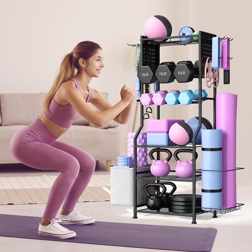 Dumbbell Rack, Home Gym Storage for Dumbbells Kettlebells Yoga Mat & Strength Training Equipments, Weight Rack with Peg Board Organizer, Workout Storage Gym Organizer Gym Equipment Storage, Black