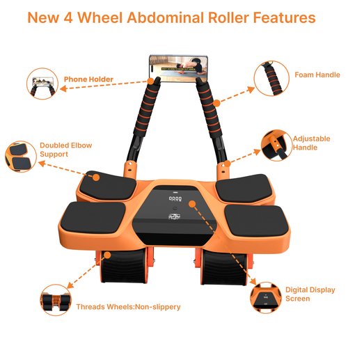 Royal Blaze 2025 New 4-Wheel Abdominal Roller with Elbow Support : Latest Upgraded High-Performance Exercise Machine With Automatic Rebound, Multi- layered Anti-Slip Design with Calorie Counting LCD Screen (Orange & Black)