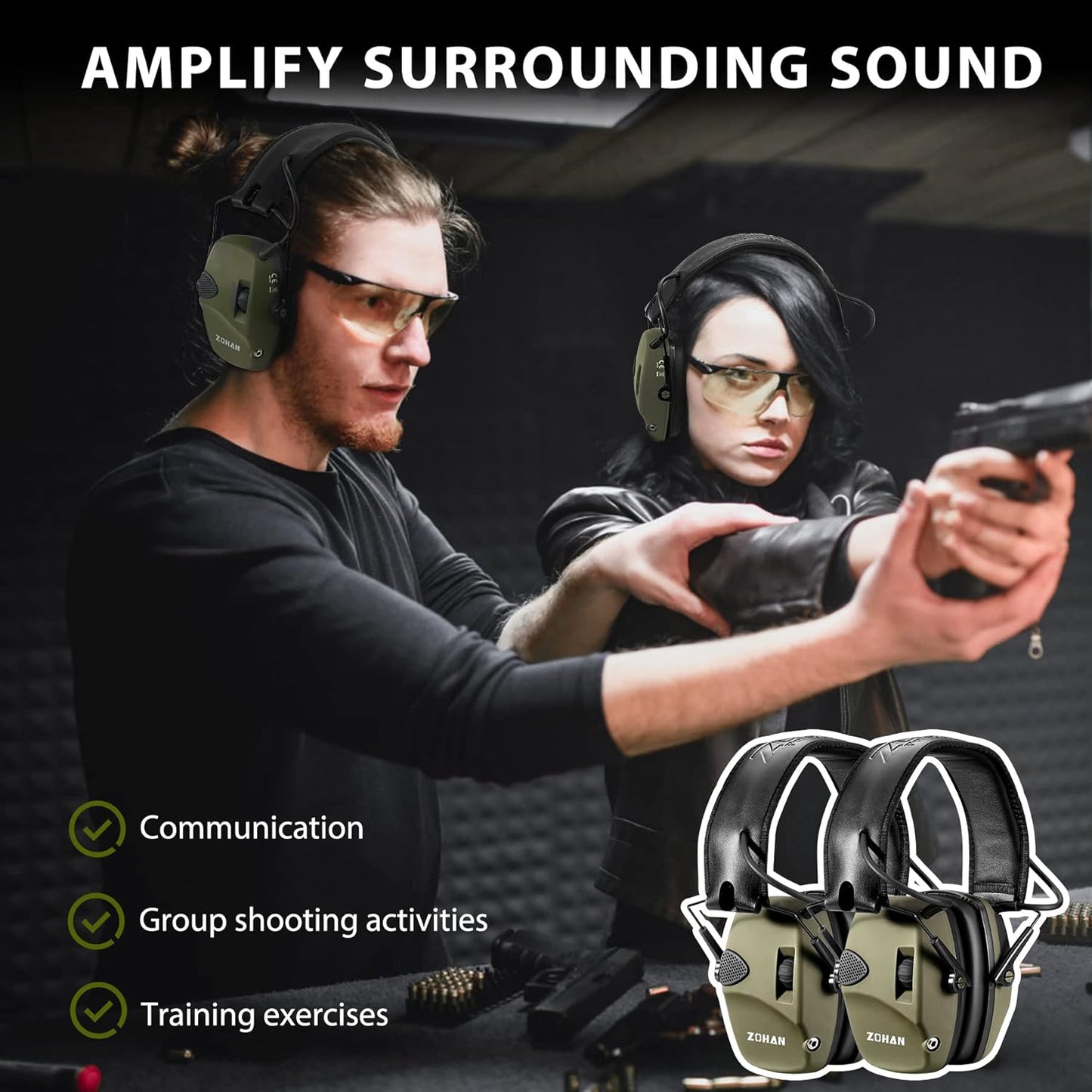ZOHAN EM054 Electronic Shooting Ear Protection with Sound Amplification, Slim Active Noise Reduction Earmuffs for Gun Range