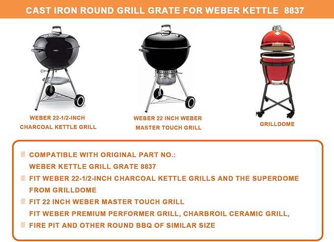 Cast Iron Round Grill Grate for Weber Kettle Accessories 8837, for Weber 22.5" Charcoal Kettle Grills, 22 Inch Master Touch Grill, for Weber Premium Performer Grill, Charbroil Ceramic Grill & Fire Pit