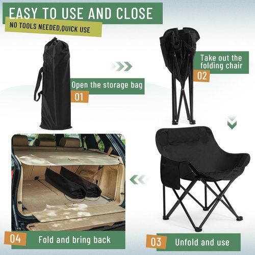 Seeloowy 2 Pack Compact Camping Chairs Portable Folding for Outside with Carry Bag Lightweight Moon Chairs for Travel Picnic Hiking Beach Fishing, 600D Oxford, Supports 330lbs(Black)