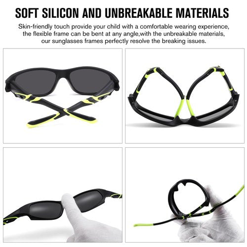 Kids Sports Polarized Sunglasses- Unbreakable Baseball Running Cycling Golf Sun Glasses for Boys Girls Age 4-12 - Matte Black/Gray