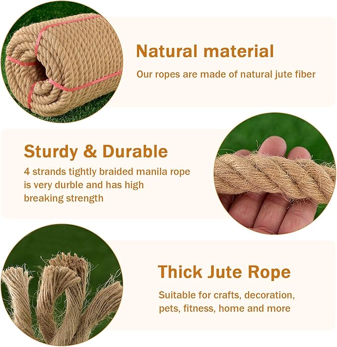 Thick Twisted Manila Ropes 1 1/4 in x100 ft Natural Jute Rope Heavy Duty Hemp Rope for Swing Bed Crafts Tug of War Landscaping Gardening, Bundling, Hammock, Home Decorating