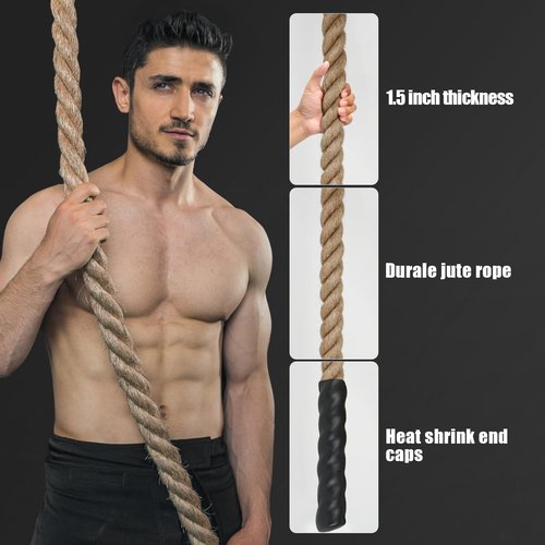 XBEN 1.5 Inch Jute Climbing Rope 20FT - 550 LBS Heavy Duty Workout Rope for Gym, Fitness, Tree Swing, Obstacle Course, Heat-Shrink Caps & Natural Non-Slip Grip