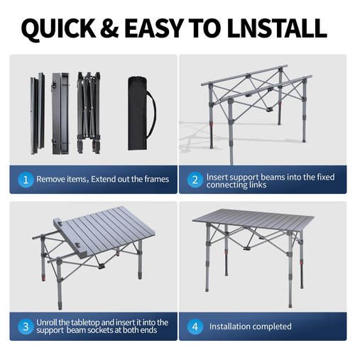 Portable Camping Table with Adjustable Height Legs, Lightweight Aluminum Roll-up beach tables for sand foldable，Folding Picnic Table Large Storage Basket for Outdoor camping (Black, Medium 37")