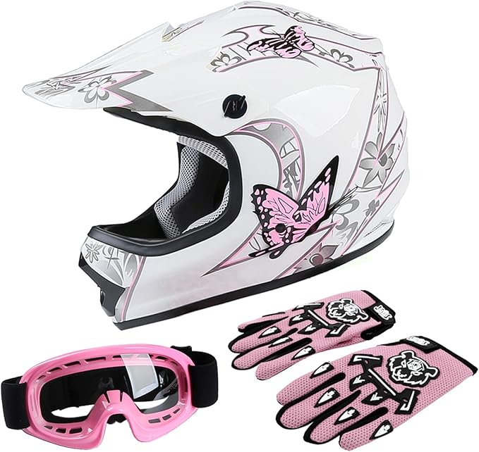 TCT-MOTORPARTS DOT Youth Kids Four Wheeler Girls Riding Helmets Motocross ATV Helmets Offroad Street Dirt Bike Go-Kart BMX MX Full Face Helmet Pink Butterfly X-Large Size
