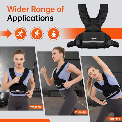 PASYOU Adjustable Weighted Vest 10LB-22LB with Reflective Strip Body Weight Vest with 6 Ironsand Weights 2 Ankle Weights for Men Women Running Weights Vest for Cardio Strength Training Walking Black