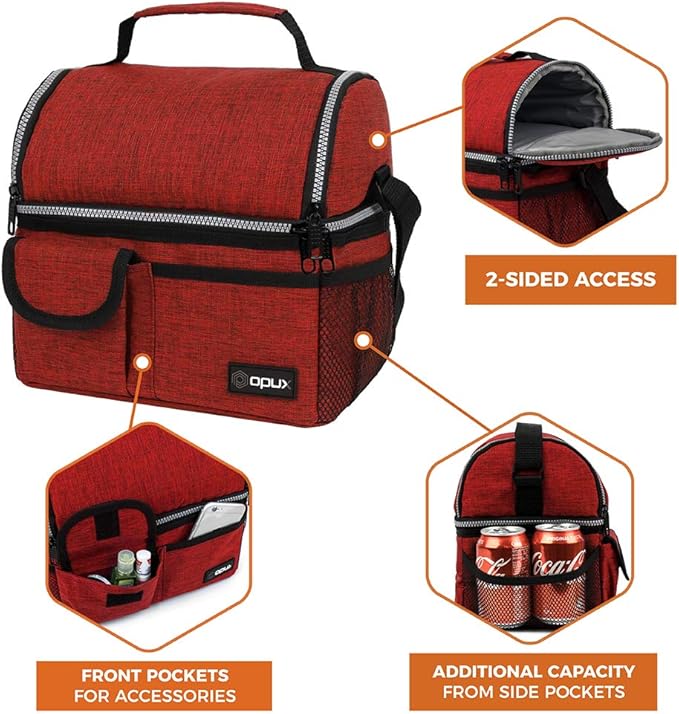 opux Lunch Bag Women Insulated, Adult Lunch Box Cooler, Lunch Box for Men, Dual Compartment Lunchbox for Work, Leakproof Double Decker Lunch Bag, Soft Lunch Pail Tote Girls Boys Kids School, Red