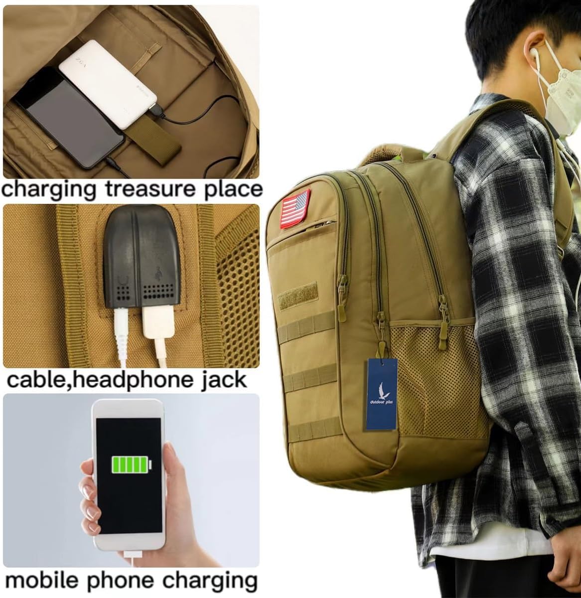 outdoor plus Camo Backpack,Military Boys Backpacks for School,40L Army Bookbag with USB Charging Port Waterproof