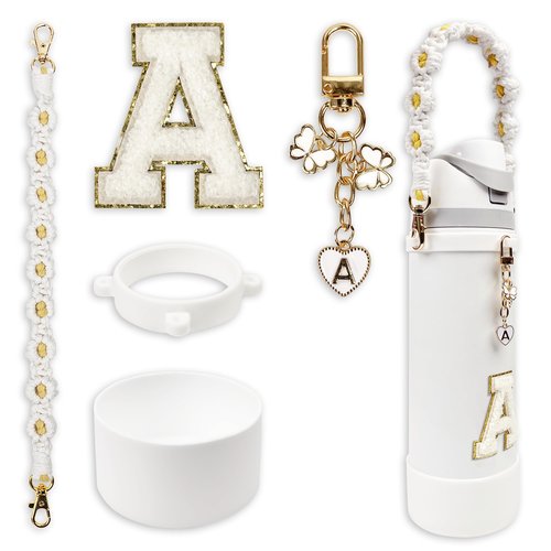 Silicone Boot Cute Monogram Set Compatible with Owala Water Bottle 24 oz - Perfect Letter Owala Accessories for Owala Tumbler, Owala Free Sip, Pink Owala, Black Owala, owala coffee tumbler (White, A)