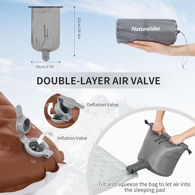 Naturehike Ultralight Insulated Sleeping Pad with R5.8, 3.2in Thickened Patchworkable Inflatable Double Sleeping Mat for Camping, Hiking, Climbing with Inflatable Bag (Silver-Rectangular)