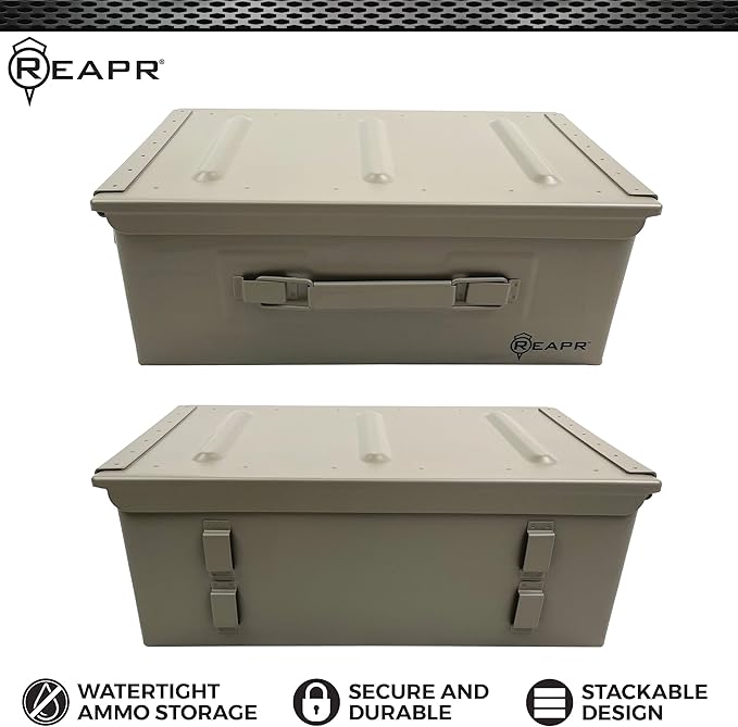Reapr Steel Ammo Can, Heavy Duty Locking Metal Ammo Storage Box, Airtight and Watertight 30 Cal or 50 Cal Case for Rifle, Shotgun, Pistol, Military Footlocker Style Tool and Gear Organizer