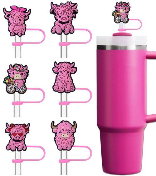 Amreich Straw Toppers - Pink Highland Cow Straw Cover Silicone Tumbler Accessories for Stanley 30-40 Oz Cups 0.4in Cow Straws Covers Cap
