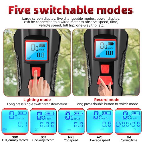 Super Bright 6-Bead LED Multi-Functional Waterproof Bicycle Light Set, USB Charging, Bicycle Headlight and Rear taillight, Intelligent Power Display and six Horn Sounds, Suitable for Night Riding