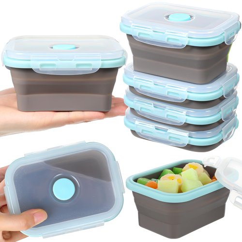 Potchen 4 Pcs Camping Bowls with Lids Collapsible Silicon Travel Bowls 12 oz Expandable Food Storage Containers Sets Portable Folding for Salad Travel Heat Resistant(Gray)