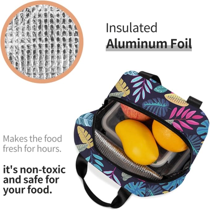 Imiss Blue Tropical Leaves Insulated Lunch Bag for Woman Man Adults， Hawaii Hawaiian Plants Reusable Cooler Lightweight Lunch Cooler Bag with Front Pocket for Picnic Work Office
