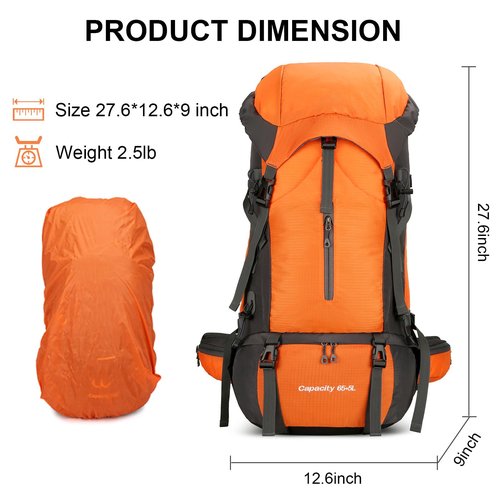 ShowyLive 70L Hiking Backpack - Lightweight Waterproof Travel Backpack for Men & Women, Large Camping Bag with Rain Cover & Adjustable Straps (Orange)