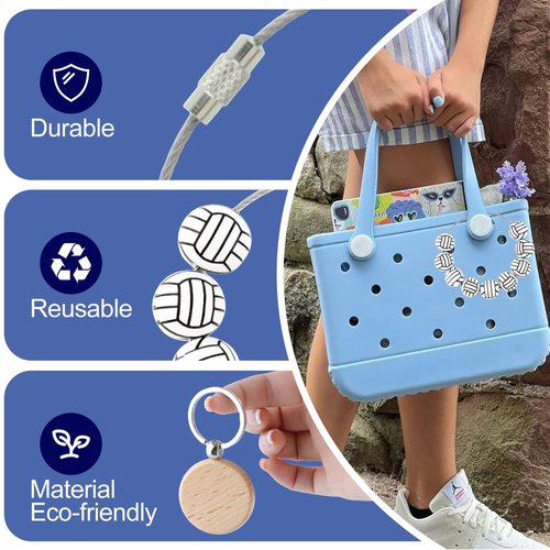 LORIESTR Sports Keychain for Bogg Bag,Wood Beads Accessories Charm, White and Black