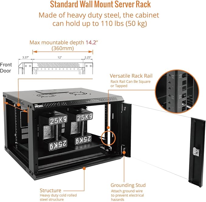 Tecmojo 6U Wall Mount Server Cabinet IT Network Rack Enclosure Lockable Door and Side Panels Black, Cooling Fan, Standard Glass Door, 450mm Depth, for 19” IT Equipment, A/V Devices