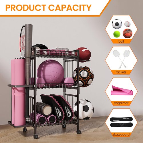 Yoga Mat Storage Rack, Home Gym Storage Rack for Dumbbells Kettlebells Foam Roller and Yoga Strap, Workout Equipment Storage Organizer With Hooks ＆ Wheels, Gym Equipment Storage for Home Exercise