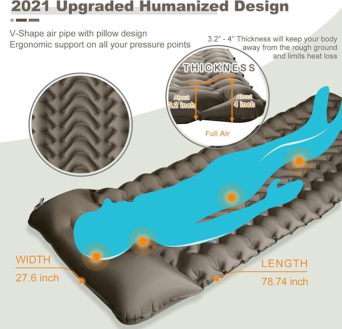 MEETPEAK Camping Pad, Foot Press Inflatable Sleeping Pad Thick 4 Inch Lightweight Camping Sleeping Mat Ultralight Compact Waterproof Air Mattress for Outdoor Hiking Hammock Backpacking Sleeping Bag
