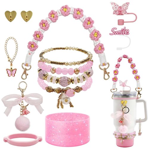 SNAIL GARDEN 13Pcs Accessories Set for Stanley Cup Include Beads Bracelets,Straw Covers,Cup Boot, Hanging Charms, Heart Hooks, Handle strap Cup Ring,Pink Stanley Cup Accessories Set for 30/40oz