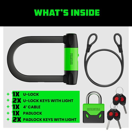 Rhino USA Bike Lock Set - Heavy Duty Anti Theft U Lock, 4FT Steel Security Cable, Padlock, 4 Lighted Keys. Dual Purpose Locks for EBike, Motorcycle, Electric Scooter, Bicycle