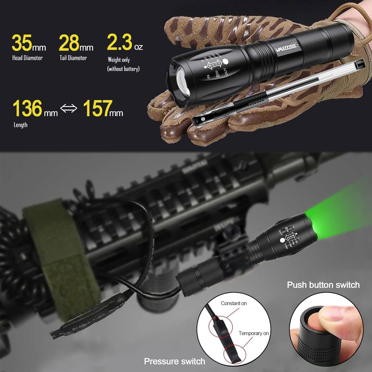 VASTFIRE 350 Yard Green Hunting Light Zoomable Flashlight Hog Predator Lights with Pressure Switch Picatinny Rail Mount 1 Inch to 30mm Scope Mount Gift Carrying Case