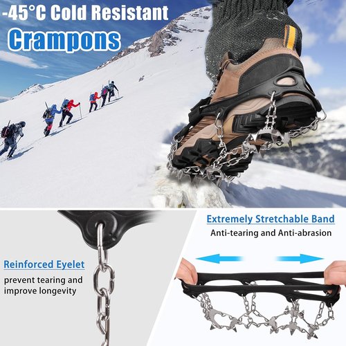 Crampons 19 Spikes Shoes Anti Slip Ice Cleats for Shoes and Boots, Traction Snow Cleats Crampons for Hiking Boots Women Men Safe Protect for Winter Walking Hiking Ice Fishing