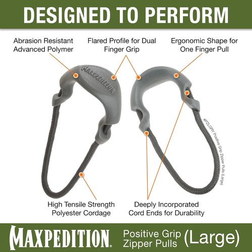 MAXPEDITION Positive Grip Zipper Pulls (Large, Gray) Pack of 6, Zipper Pull Replacement for Tactical Backpack, EDC Pouch, Bug Out Bag & Luggage, Sling Pull Tab, PZLGRY