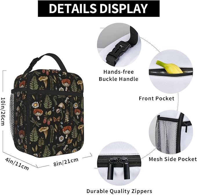 Vintage Witchcraft Mushroom Insulated Lunch Bag Reusable Cooler Lunch Box Portable Leakproof Thermal Container Tote Bags for Girls Boys School Travel