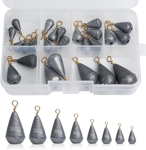 Realure 25 Pcs Small Fishing Weights Mixed 8 Sizes Deep Sea Fishing Weights Assorted 2g 3g 5g 7g 10g 15g 20g 30g Iron Fishing Sinkers Weights with Swivel for River Saltwater Freshwater Mackerel