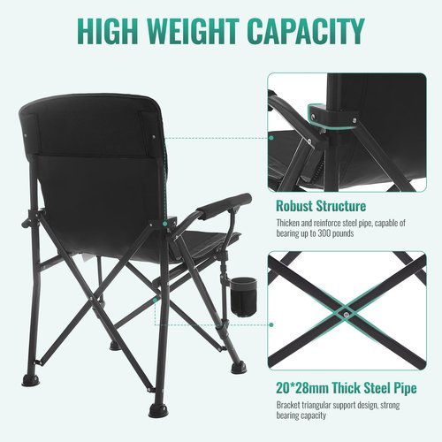 QAOYAL Camping Chairs for Adults, Heavy Duty Support 300 LBS Lawn Folding Chairs with Side Pocket & Cup Holder, for Camping, Fishing, Sports Event (Black&Grey)