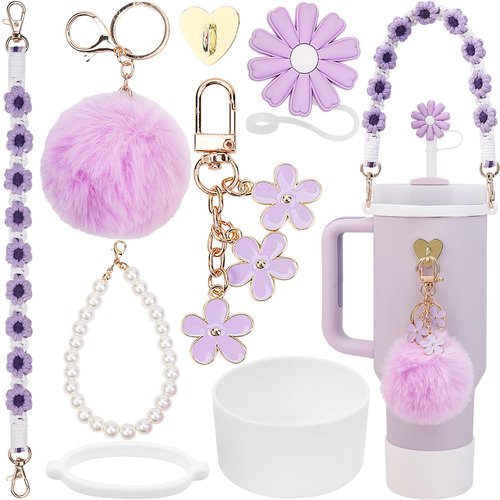 Cup Accessories for Stanley 30oz 40oz Tumbler with Handle - Water Bottle Handle Strap,Siliocne Cup Boot,Personality Pearl Keychain Charms Set,Straw Topper Cover for Stanley
