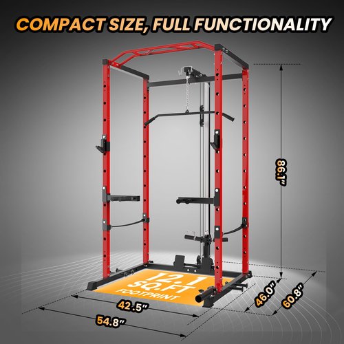 GarveeLife Power Cage with LAT Pulldown, Multi-Functional Power Rack with Cable Pulley System and J-Hooks, Squat Rack with Dip Bars and Landmine Attachment, Weight Cage for Home Gym Equipment