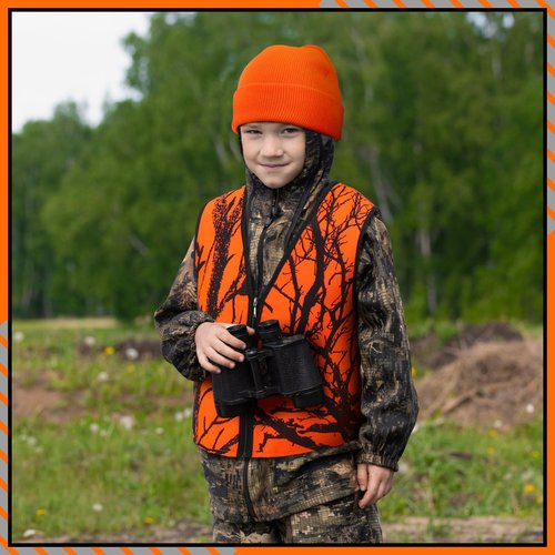 Berlune 2 Pcs Kids Hunting Vest & Beanie Set Reflective Hunting Clothes Blaze Vests for Night Hiking Outdoor(Orange,L,Pattern Style)
