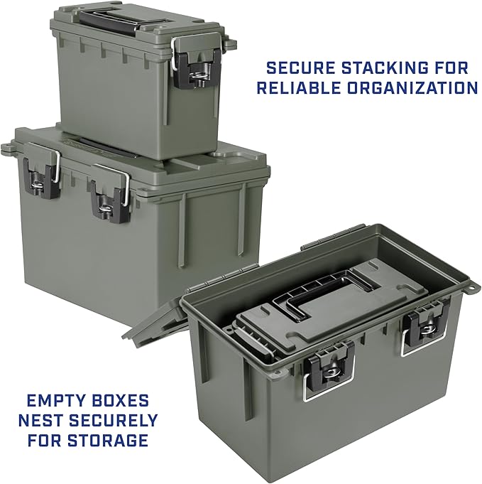 Sheffield 12713 2-Pack Combo Ammo Storage Boxes, .30 Cal and .50 Cal Field Boxes, Water and Dust Resistant, Lockable Storage Box with Handle for Hunting Gear and Bullets, Made in the USA, Green