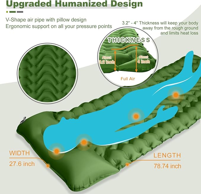 MEETPEAK Camping Sleeping Pad with Pillow, Upgraded 4 Inch Thickness Inflatable Foot Press Camping Mat, Durable Waterproof Lightweight Sleeping Air Mattress for Hiking Backpacking Traveling