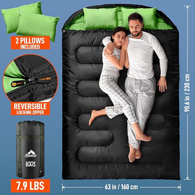 MEREZA Double Sleeping Bag for Adults Mens with Pillow, XL Queen Size Two Person Sleeping Bag for All Season Camping Hiking Backpacking 2 Person Sleeping Bags for Cold Weather & Warm