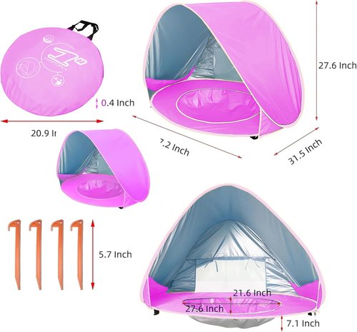 Baby Beach Tent, Pop Up Portable Sun Shelter for Infant & Toddler, Waterproof & 50+ UPF UV Protection, Outdoor Kiddie Pools, Kids Beach Shade Tent (Pink)