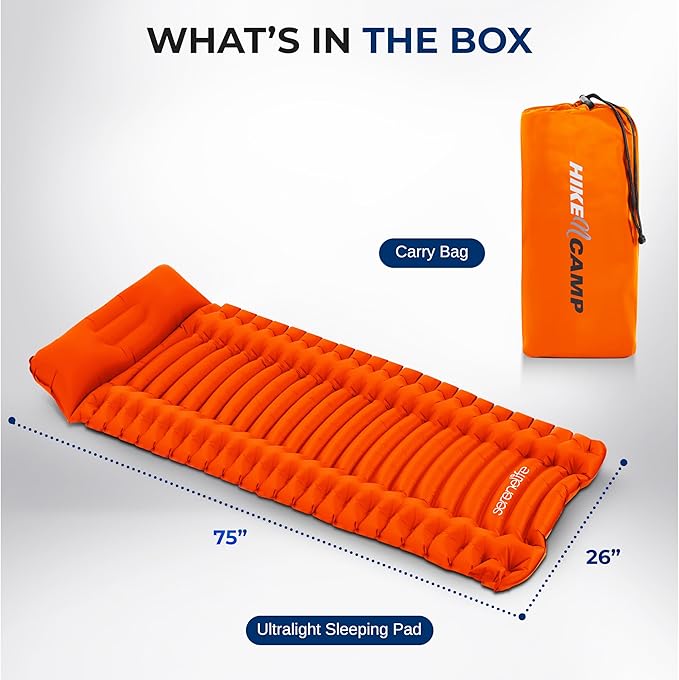 SereneLife Camping Mattress, 2.7" Backpacking Inflatable Air Mattress for Camping, Waterproof Lightweight Sleeping Mat with Carry Bag, Tear-Resistant Nylon for Hiking, Travel, Outdoor, Orange
