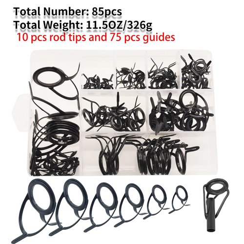 LINGUANG 85 pcs Black Surf Bait Casting Spinning Rod Fishing Line Guides and Tips Saltwater，Double Legged Stainless Steel Ceramics Eyelet Repair Replacement Kit（75pcs guide and 10 pcs tips）